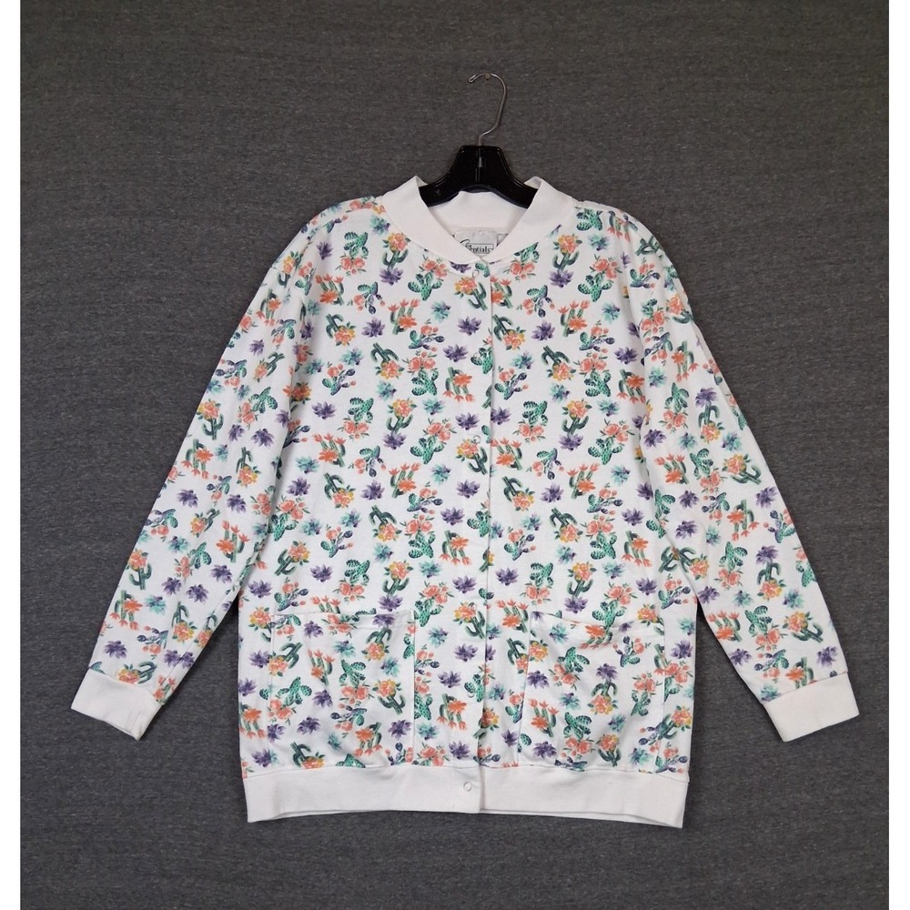 VTG Easy Essentials Womens Sweatshirt M Cactus AOP Snap Front Grannie Novelty